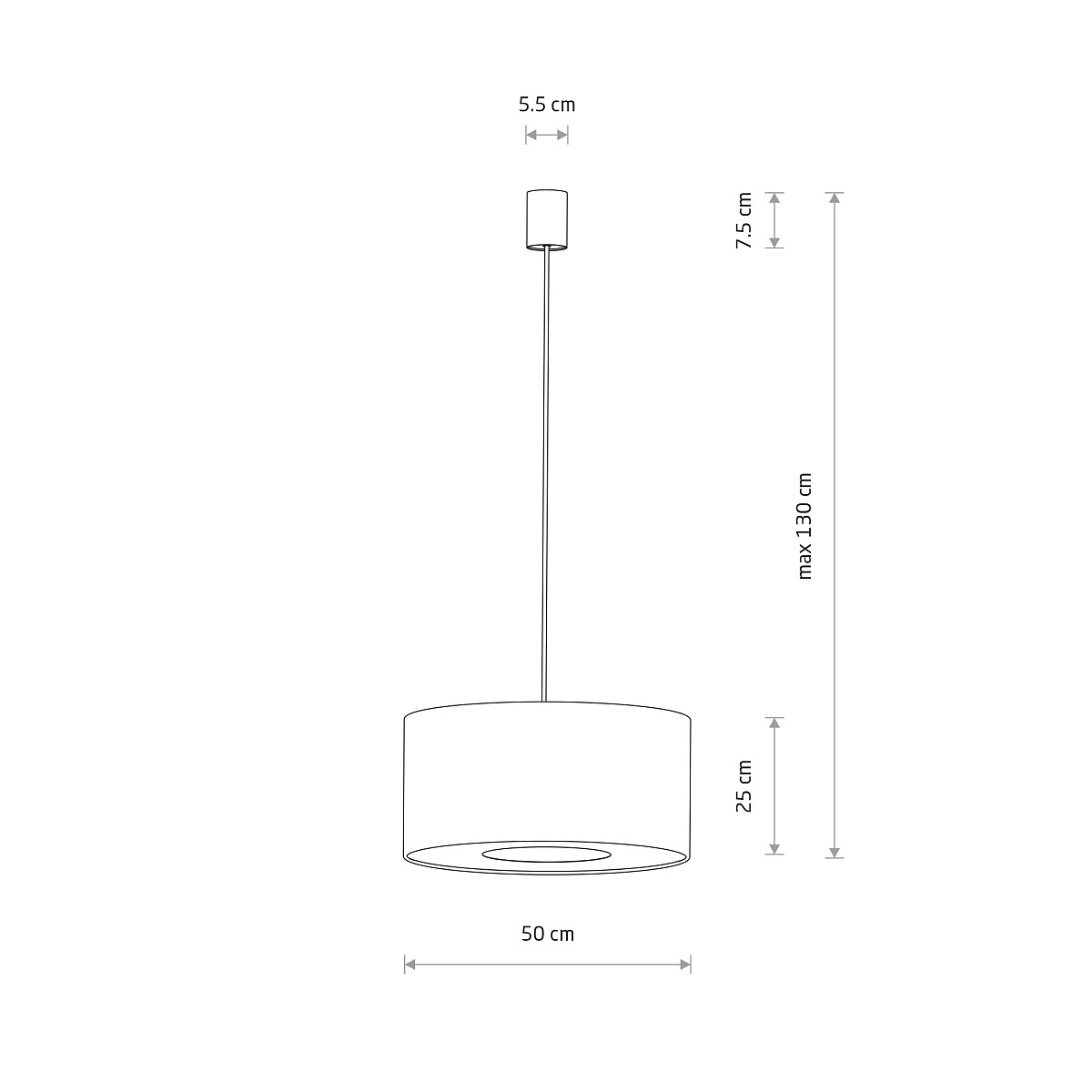 Lampa wisząca Lago M w kolorze szarym, z kloszem o średnicy 50 cm i wysokości 25 cm, zawieszona na cienkim przewodzie, z maksymalną długością 130 cm. Wyposażona w miejsce na żarówkę E27.