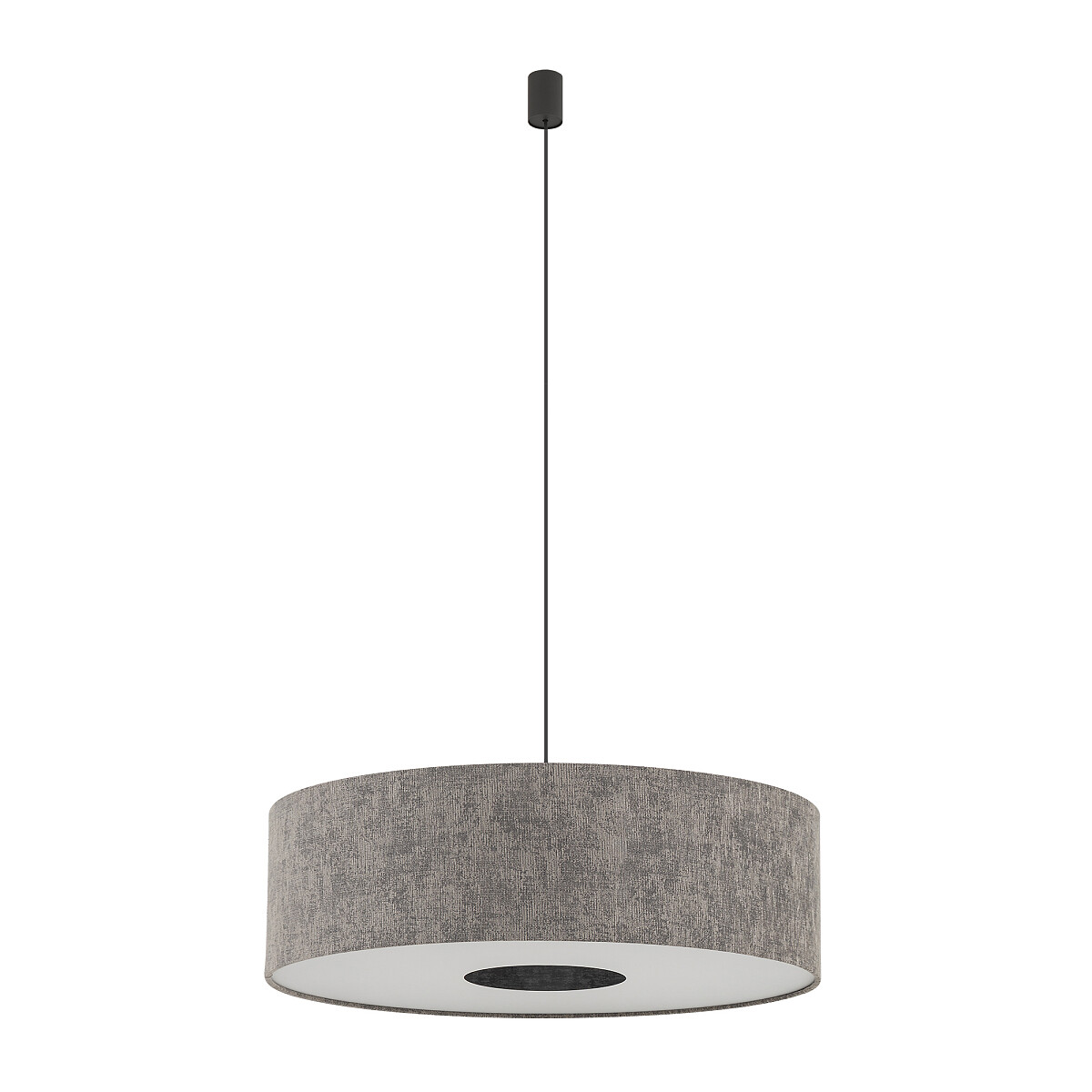 Lampa wisząca Lago L, szara, z okrągłym abażurem z tkaniny, zawieszona na czarnym przewodzie. Posiada miejsce na jedną żarówkę E27. Prosta, nowoczesna forma, idealna do różnych aranżacji wnętrz.