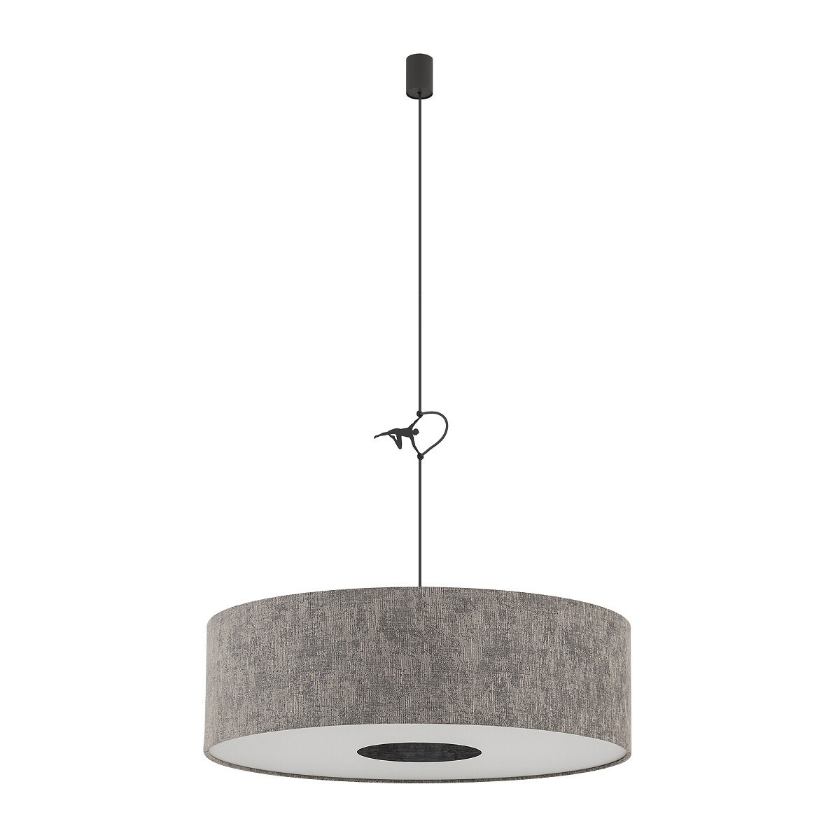 Lampa wisząca Lago L z oprawą w szarym kolorze, okrągła, z materiałowym abażurem i metalowym mocowaniem. Montowana na długim, czarnym przewodzie. Przeznaczona na żarówkę E27.