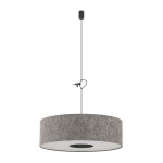 Lampa wisząca Lago L z oprawą w szarym kolorze, okrągła, z materiałowym abażurem i metalowym mocowaniem. Montowana na długim, czarnym przewodzie. Przeznaczona na żarówkę E27.