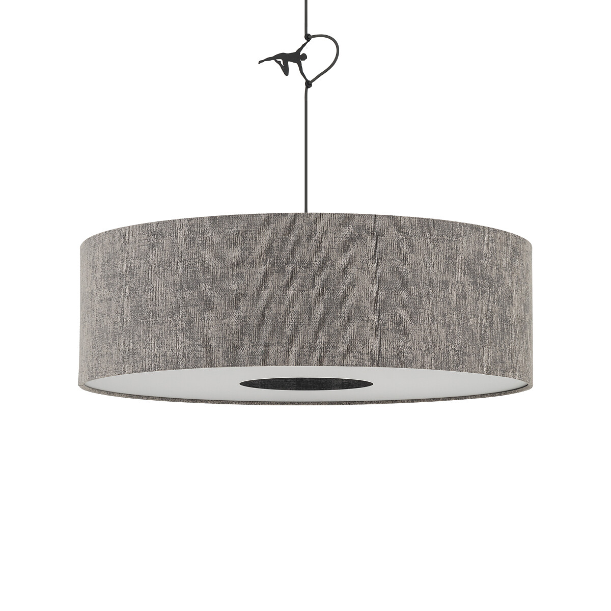 Lampa wisząca Lago L z oprawą w szarym kolorze, okrągła, z materiałowym kloszem. Zawieszona na czarnym przewodzie, z miejscem na jedną żarówkę E27. Prosta forma, idealna do nowoczesnych wnętrz.