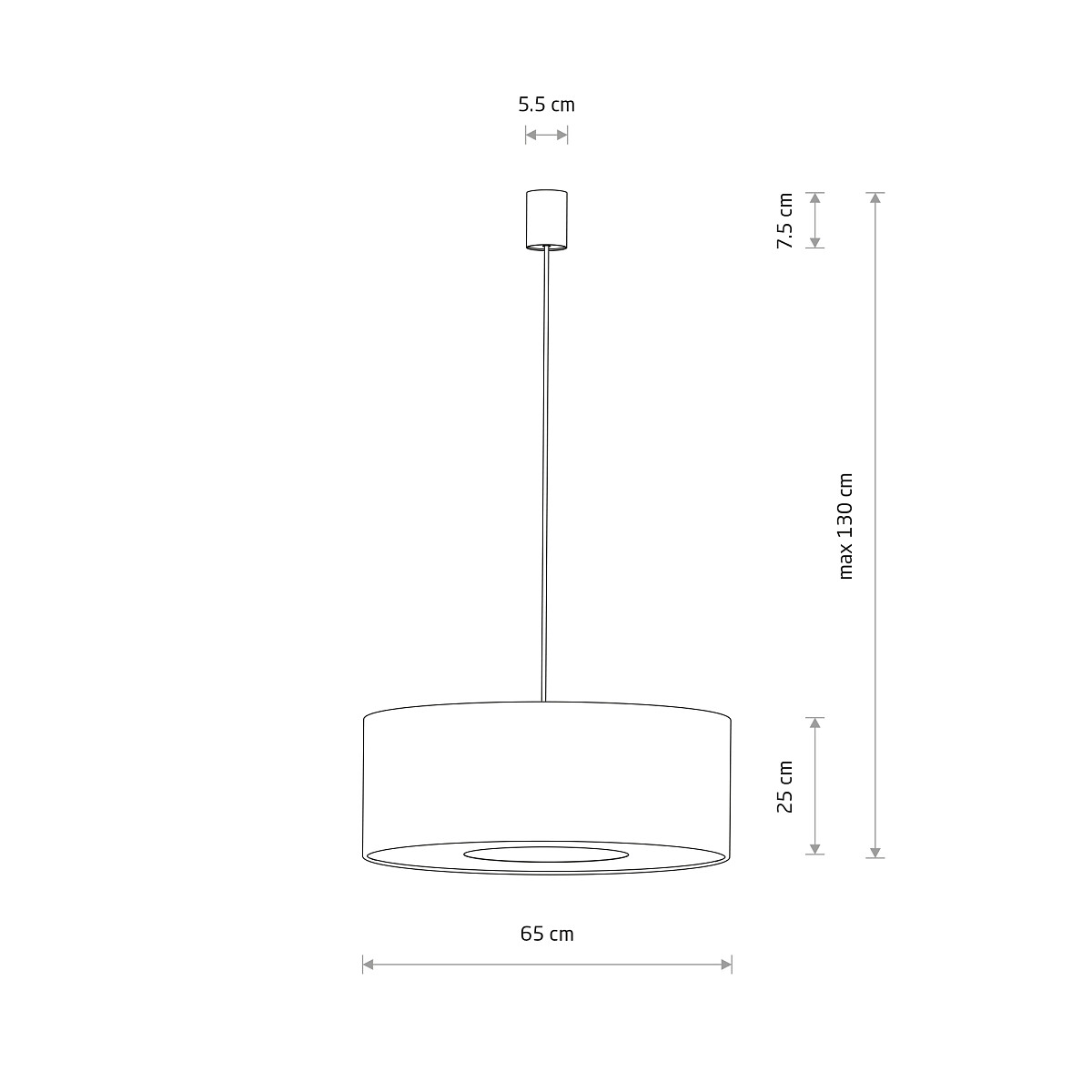 Lampa wisząca Lago L w kolorze szarym, z jednym gniazdem E27. Okrągły klosz o średnicy 65 cm i wysokości 25 cm, zawieszony na cienkim przewodzie o maksymalnej długości 130 cm. Prosty design, idealna do nowoczesnych wnętrz.