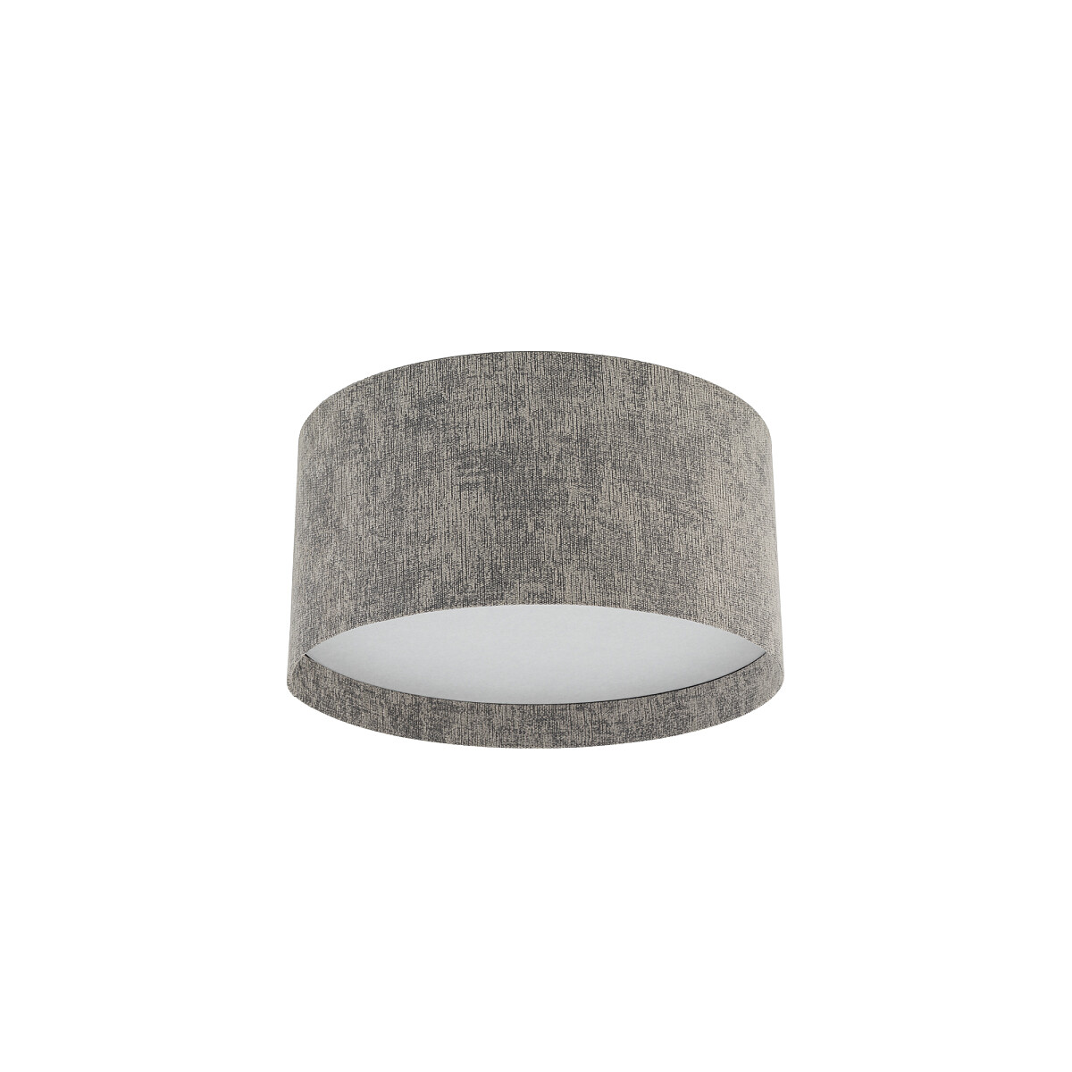Lampa sufitowa Lago S z oprawą w szarym kolorze, wykonana z materiału tekstylnego, o okrągłym kształcie. Zawiera miejsce na żarówkę E27, montowana na suficie, z białym wnętrzem dla lepszego rozproszenia światła.