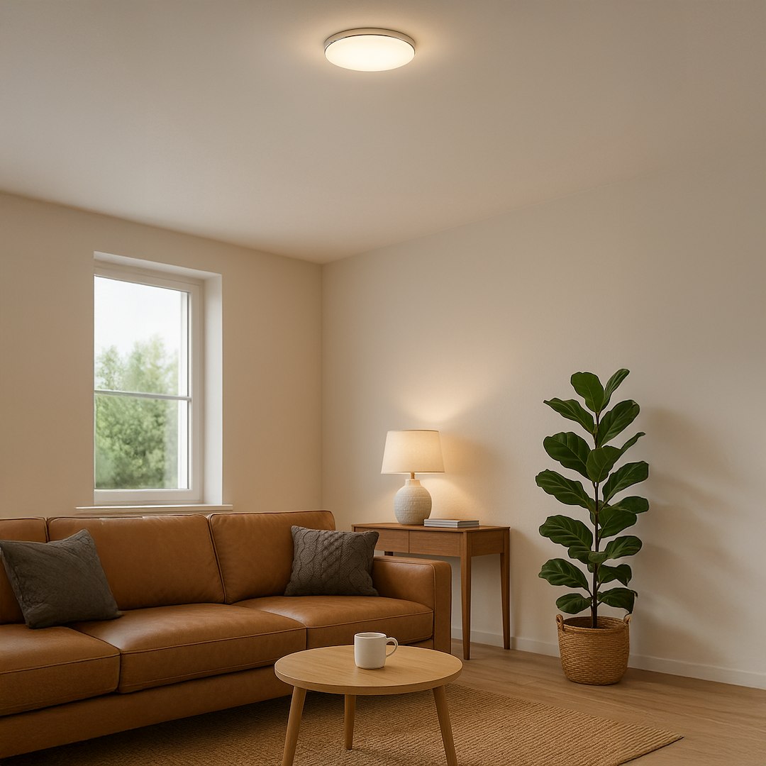 Plafon Maya LED D33 o mocy 15W i barwie 4000K w chromowanej obudowie, zamontowany na suficie w jasnym wnętrzu. W tle widoczna kanapa, stół oraz roślina doniczkowa.