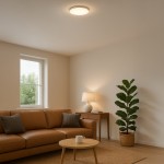 Plafon Maya LED D33 o mocy 15W i barwie 4000K w chromowanej obudowie, zamontowany na suficie w jasnym wnętrzu. W tle widoczna kanapa, stół oraz roślina doniczkowa.