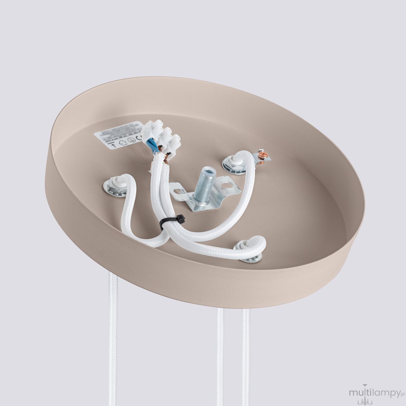 Lampa wisząca Karbon 3P w kolorze taupe z trzema gniazdami GU10. Widok z góry, z widocznymi przewodami elektrycznymi i mocowaniem. Kształt okrągły, matowa powierzchnia. Idealna do nowoczesnych wnętrz.