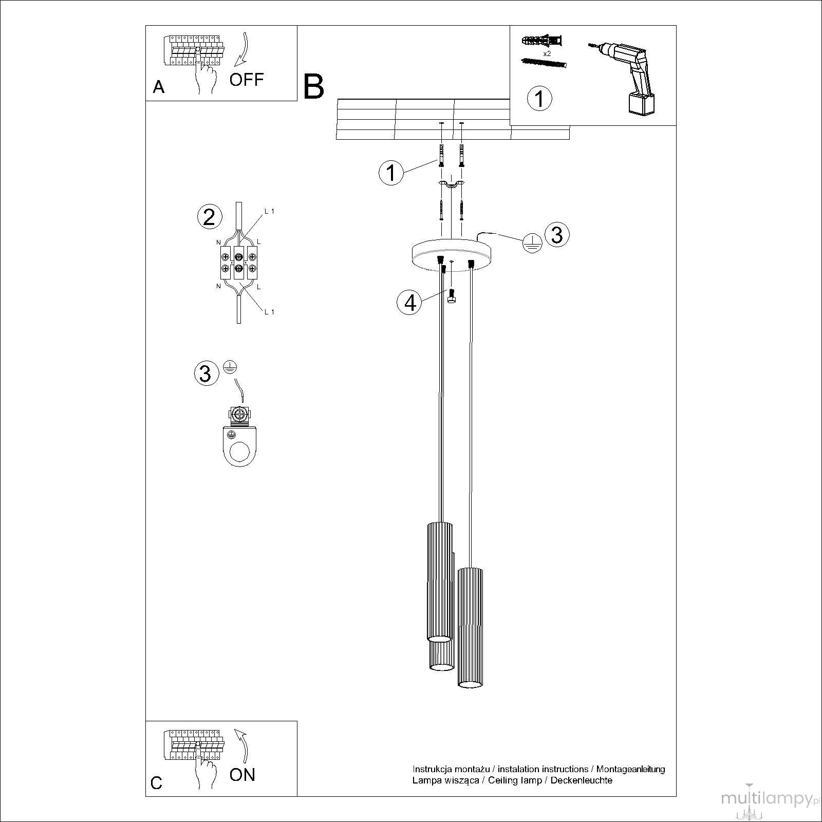 Lampa wisząca Karbon 3P w kolorze taupe, przeznaczona na 3 żarówki GU10. Posiada cylindryczne, teksturowane klosze oraz regulowane zawieszenie. Widok z góry, ukazujący sposób montażu oraz elementy instalacyjne.