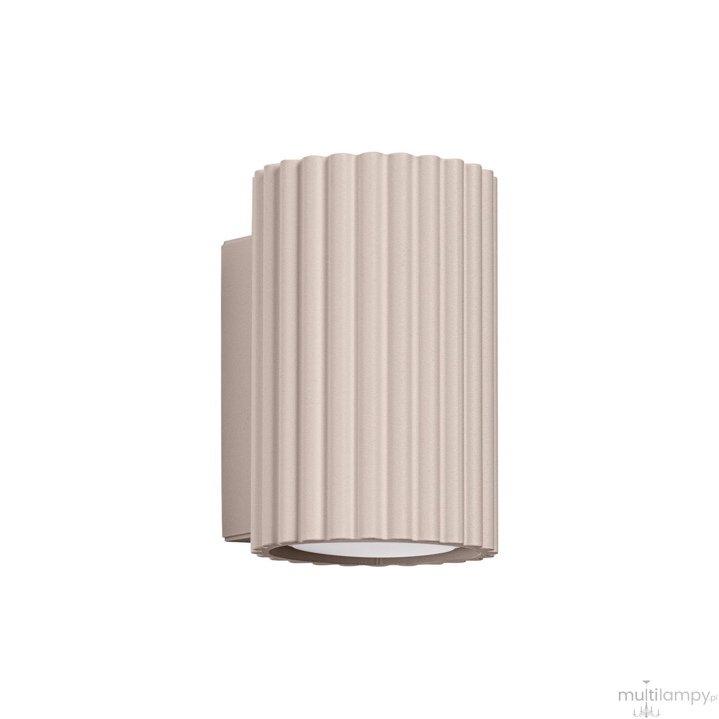Kinkiet Karbon 10 w kolorze taupe, o cylindrycznym kształcie z żłobieniami, montowany na ścianie. Posiada miejsce na jedną żarówkę GU10. Prosty design, idealny do nowoczesnych wnętrz.
