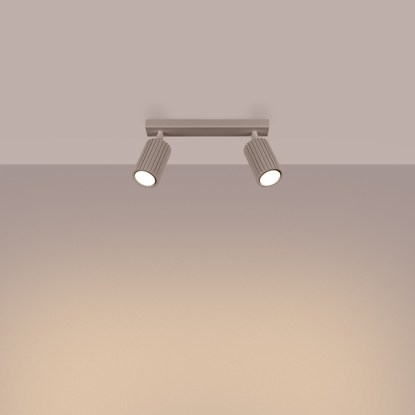 Lampa sufitowa Karbon w kolorze taupe, z dwoma reflektorami GU10. Ujęcie frontalne, zamontowana na prostokątnej podstawie. Reflektory mają teksturowane, żłobione wykończenie, skierowane w dół. Tło w odcieniach beżu.