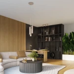 Lampa sufitowa Karbon w kolorze taupe, z trzema źródłami światła GU10, zawieszona na cienkich linkach. Ujęcie z góry, w nowoczesnym wnętrzu z drewnianą ścianą, kanapą i roślinnością.