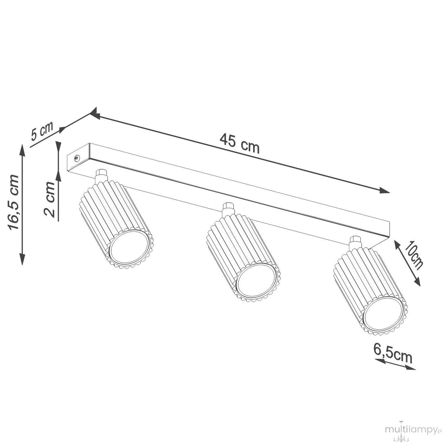 Lampa sufitowa Karbon (spot) 3xGU10 w kolorze taupe. Konstrukcja z prostokątną podstawą o wymiarach 45 cm x 5 cm, z trzema cylindrycznymi, teksturowanymi reflektorami o średnicy 6,5 cm i wysokości 10 cm, zawieszoną na wysokości 16,5 cm.