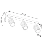 Lampa sufitowa Karbon (spot) 3xGU10 w kolorze taupe. Konstrukcja z prostokątną podstawą o wymiarach 45 cm x 5 cm, z trzema cylindrycznymi, teksturowanymi reflektorami o średnicy 6,5 cm i wysokości 10 cm, zawieszoną na wysokości 16,5 cm.