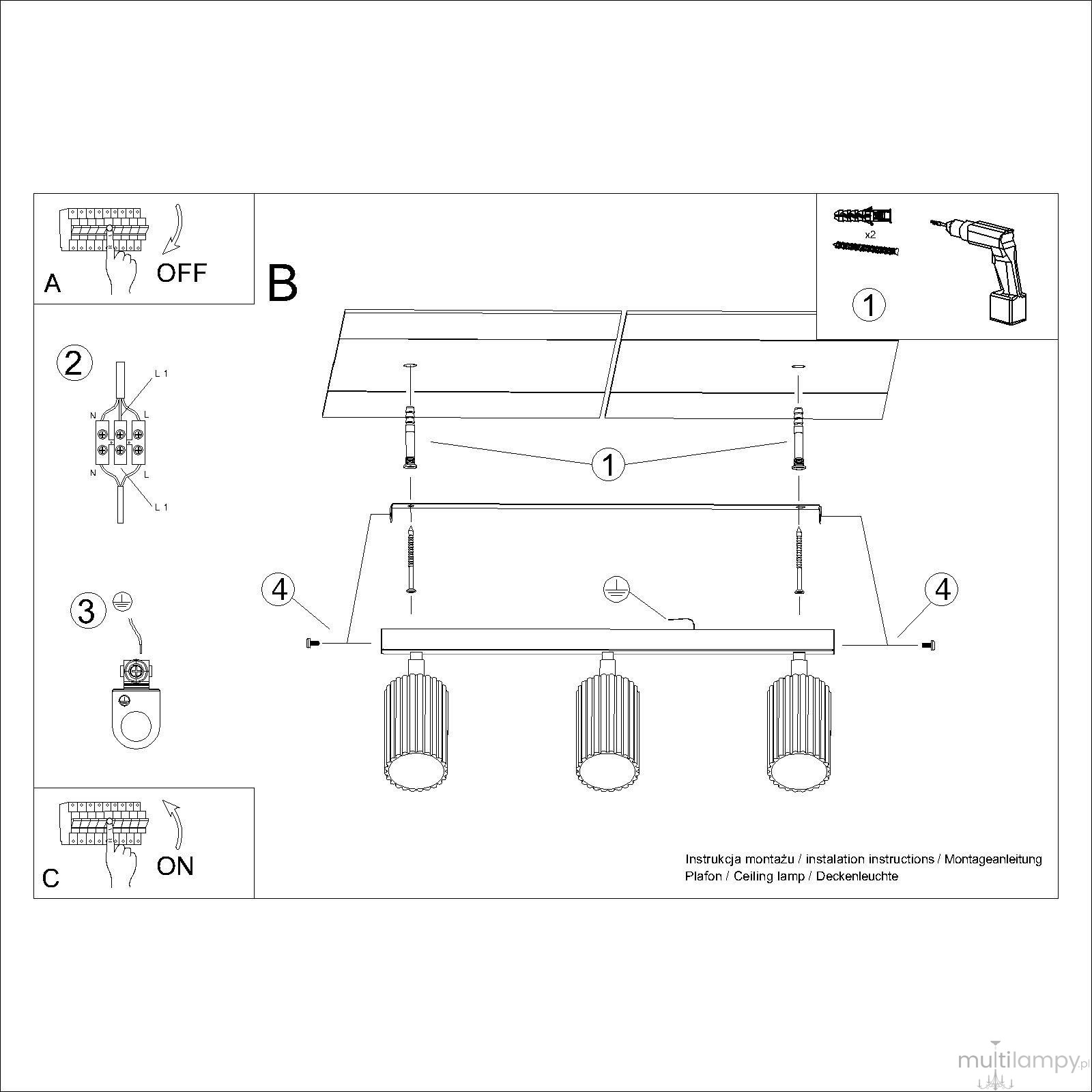 Lampa sufitowa Karbon w kolorze taupe z trzema miejscami na żarówki GU10. Ułożona poziomo, z widocznymi detalami montażowymi. Prosty, funkcjonalny design, przeznaczona do oświetlenia wnętrz.