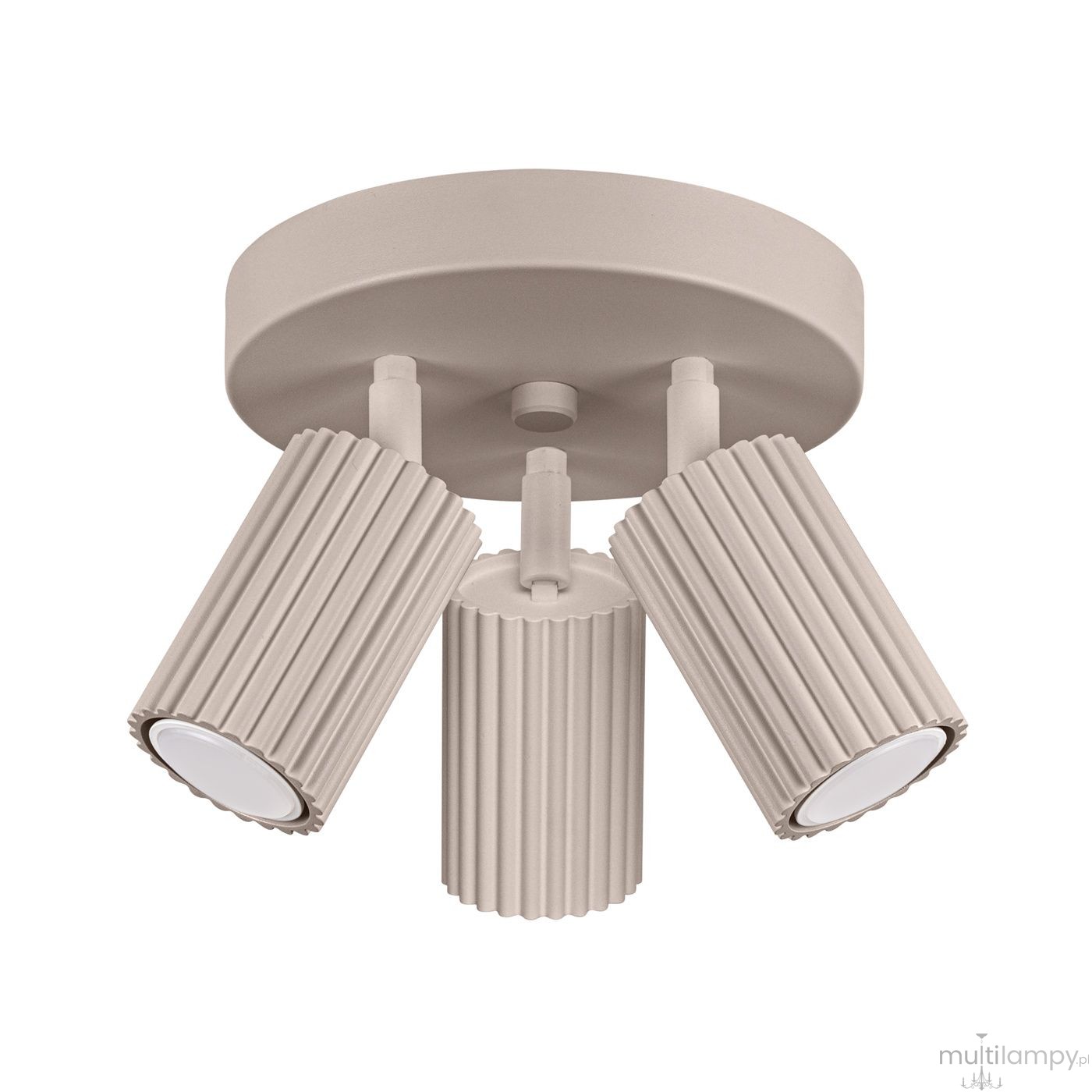 Lampa sufitowa Karbon w kolorze taupe z trzema reflektorami GU10. Reflektory mają teksturowaną powierzchnię i są zamontowane na okrągłej podstawie. Ujęcie z dołu, pokazujące detal kształtu i wykończenia.