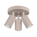 Lampa sufitowa Karbon w kolorze taupe z trzema reflektorami GU10. Reflektory mają teksturowaną powierzchnię i są zamontowane na okrągłej podstawie. Ujęcie z dołu, pokazujące detal kształtu i wykończenia.