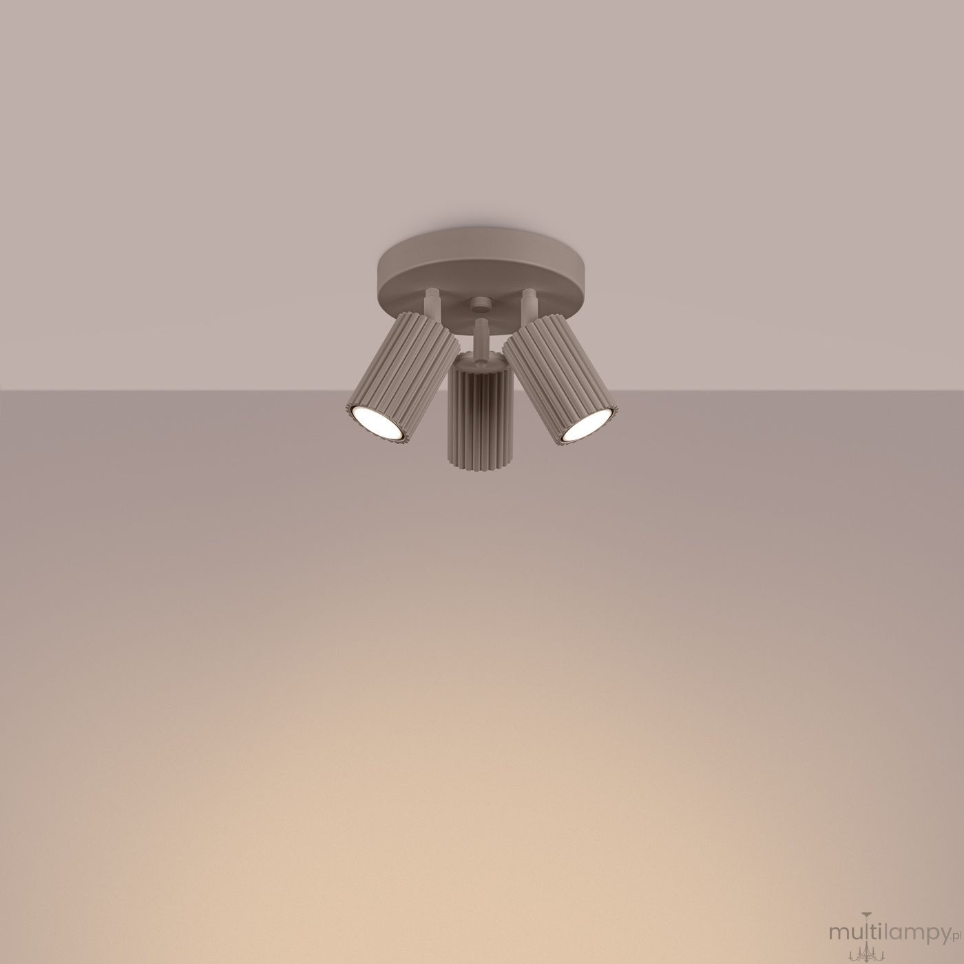 Lampa sufitowa Karbon w kolorze taupe, z trzema regulowanymi reflektorami GU10. Ułożona płasko na suficie, z okrągłą podstawą i żeberkowanymi kloszami, emitującym ciepłe światło. Tło w jasnym odcieniu, podkreślające design lampy.