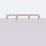 Lampa sufitowa Karbon L w kolorze taupe, z czterema ruchomymi reflektorami GU10. Ujęcie frontalne, zamontowana na prostokątnej podstawie. Reflektory o teksturowanej powierzchni, skierowane w różnych kierunkach. Tło jednolite, jasne.