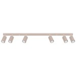 Lampa sufitowa Karbon w kolorze taupe, z sześcioma punktami świetlnymi GU10. Kształt cylindryczny, teksturowane klosze zamontowane na prostokątnej listwie, widok frontalny. Idealna do nowoczesnych wnętrz.