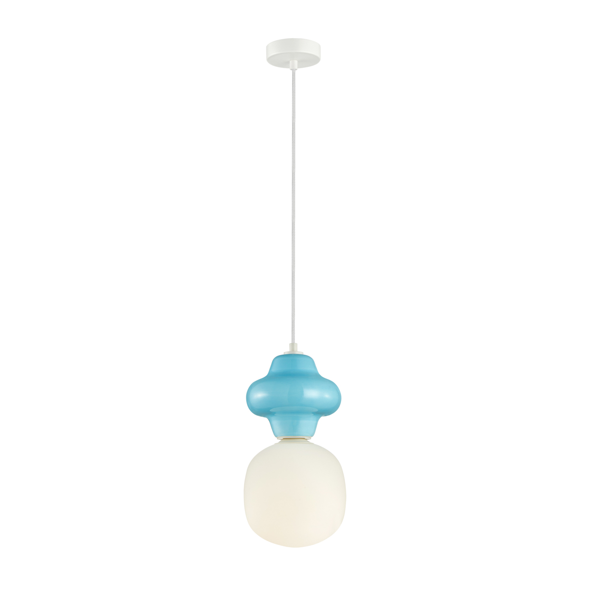 Lampa wisząca Latera D18 z jednym gniazdem E14, zawieszona na białym przewodzie. Posiada niebieski klosz w kształcie bombki oraz matową, białą kulę, tworząc nowoczesny, minimalistyczny design. Ujęcie frontalne na jednolitym tle.