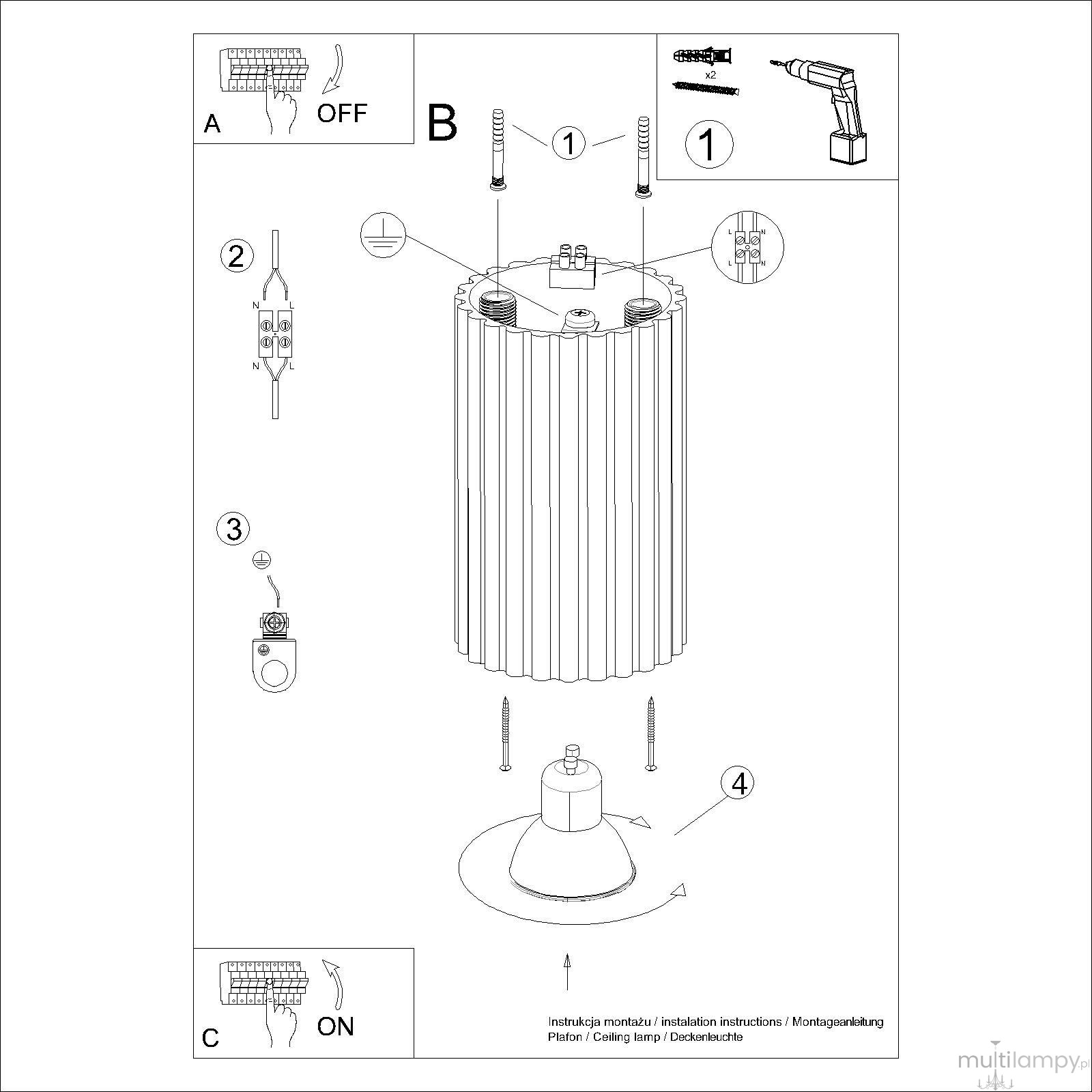 Lampa sufitowa Karbon 10 l z oprawą na jedną żarówkę GU10 w kolorze złotym. Ujęcie z góry, pokazujące cylindryczny kształt i teksturowaną powierzchnię. Widoczne elementy montażowe oraz instrukcje dotyczące instalacji.