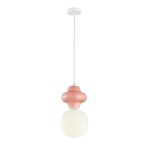 Lampa wisząca Latera D18 z różowym, zaokrąglonym kloszem i białą, szklaną kulą. Zawieszona na białym przewodzie, z prostym, okrągłym mocowaniem sufitowym. Wymagana żarówka E14.