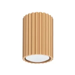 Lampa sufitowa Karbon 10 l ze złotą, teksturowaną obudową w kształcie cylindrycznym, z miejscem na jedną żarówkę GU10. Ujęcie frontalne, produkt wiszący, z białym wnętrzem. Idealna do nowoczesnych wnętrz.