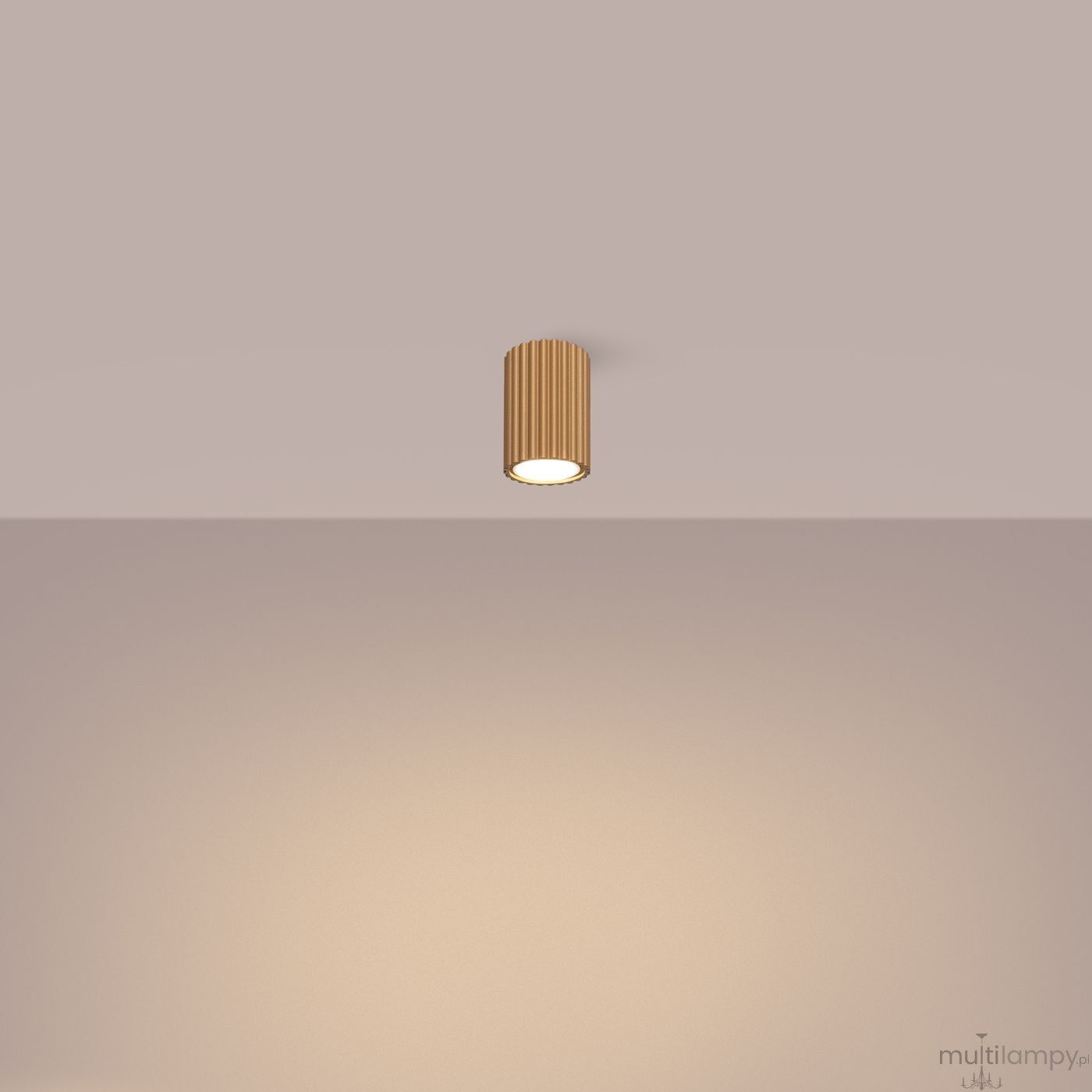 Złota lampa sufitowa Karbon 10 l z oprawą 1xGU10, w kształcie cylindrycznym z żebrowaną fakturą, wisząca na jasnym tle. Oświetlenie skupione w dolnej części, co podkreśla nowoczesny design.