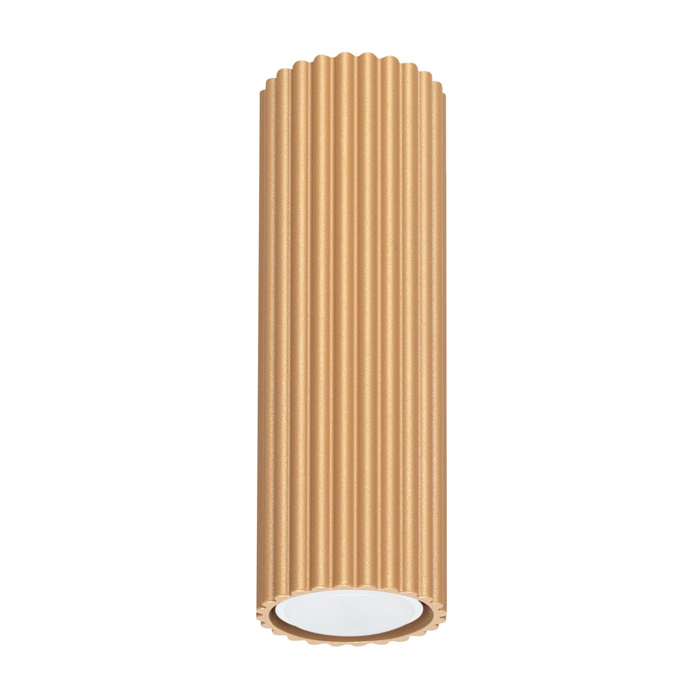 Złota lampa sufitowa Karbon o cylindrycznym kształcie, z fakturą żłobioną w pionie. Posiada jeden gwint GU10 na żarówkę. Produkt zawieszony w pionie na białym tle, co podkreśla jego elegancki design.