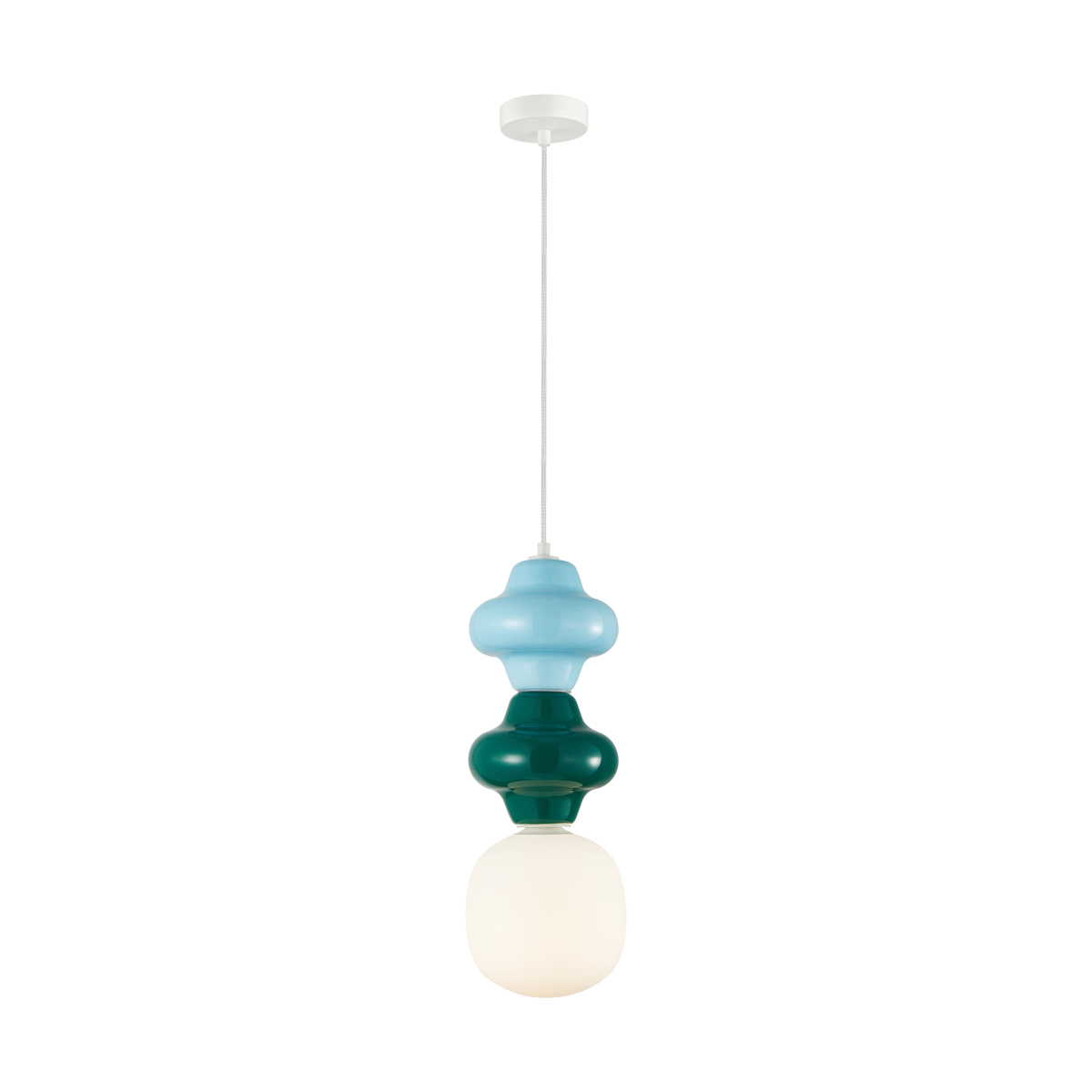 Lampa wisząca Latera 1xE14 w kolorach multikolorowych. Składa się z trzech elementów: niebieskiego, zielonego i białego, w formie dekoracyjnych kształtów. Zawieszona na białym kablu, z białą, okrągłą oprawą u góry.