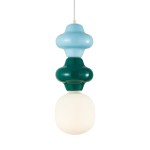 Lampa wisząca Latera z jedną żarówką E14, składająca się z trzech kolorowych elementów: niebieskiego, zielonego i białego. Okrągła dolna część wykonana z matowego szkła, pozostałe elementy w błyszczących odcieniach. Zawieszona na białym przewodzie.