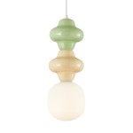 Lampa wisząca Latera 1xE14 w multikolorze, składająca się z trzech elementów: górnego w kolorze zielonym, środkowego w beżowym i dolnego z białym kloszem. Produkt zawieszony na białym przewodzie, ukazany frontalnie.