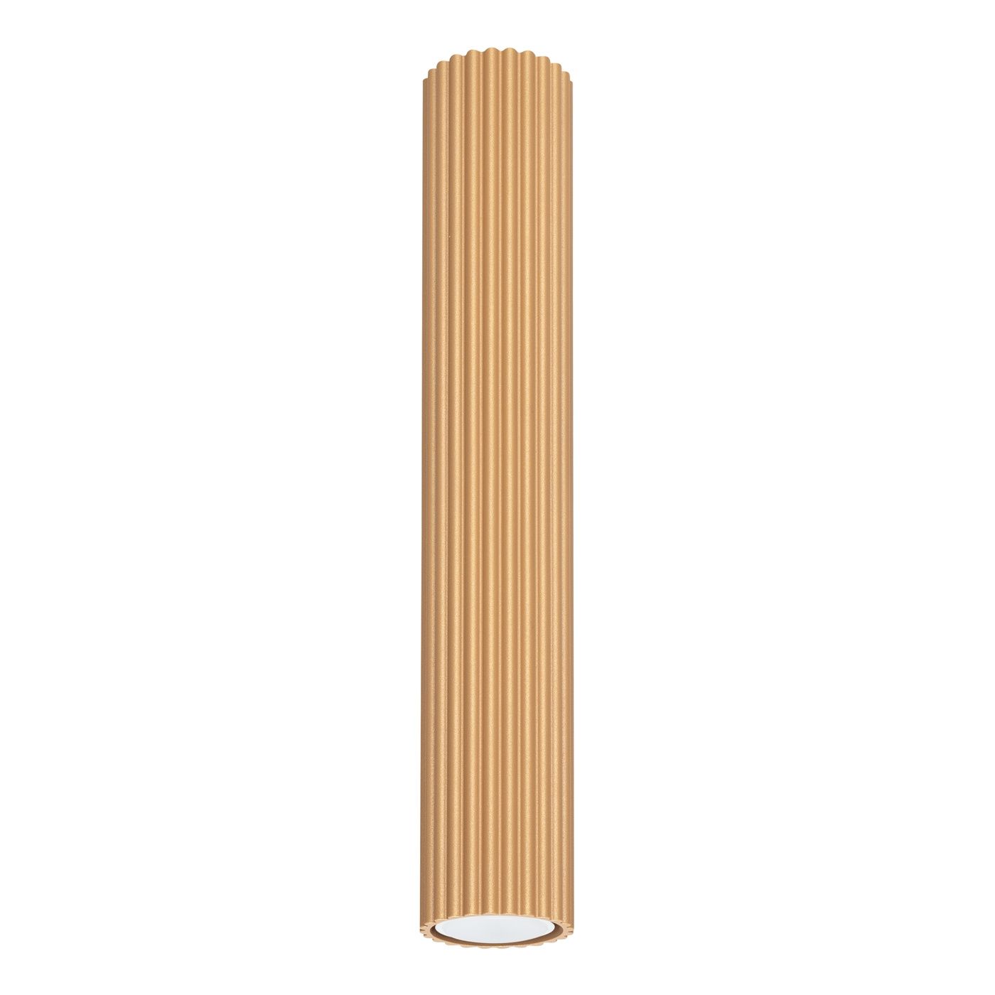 Lampa sufitowa Karbon 40 w kolorze złotym, o cylindrycznym kształcie z widoczną strukturą żłobień. Ułożona pionowo, przeznaczona na jedną żarówkę GU10. Tło białe, co podkreśla jej elegancki design.