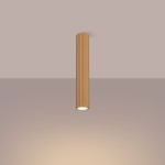 Lampa sufitowa Karbon 40, w kolorze złotym, o cylindrycznym kształcie i żebrowanej fakturze. Zawiera jedno gniazdo GU10. Ujęcie frontalne, wisząca na jednolitym tle, z widocznym źródłem światła na dole. Idealna do nowoczesnych wnętrz.
