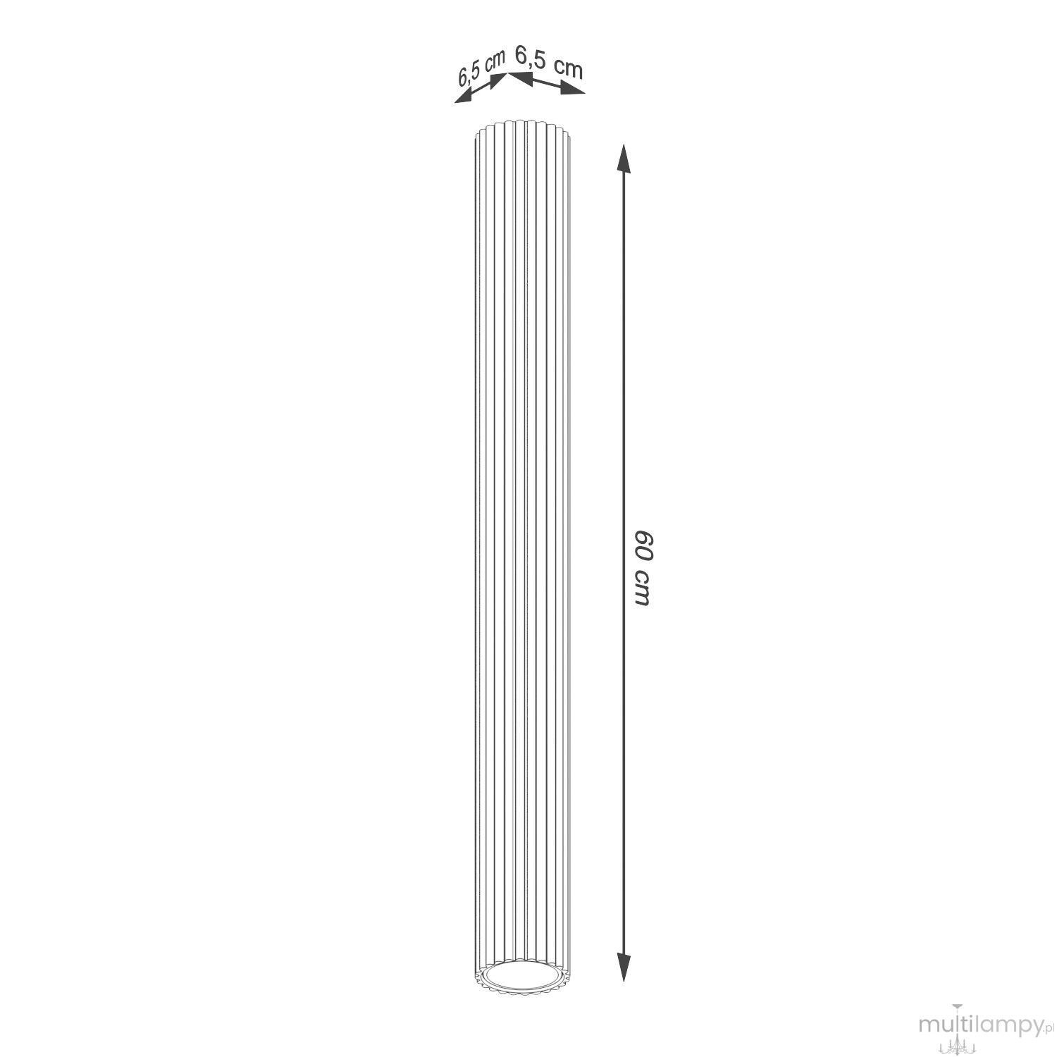 Złota lampa sufitowa Karbon 60 cm, z oprawą na jedną żarówkę GU10. Owalny kształt i pionowe żłobienia. Wymiary: wysokość 60 cm, średnica 6,5 cm. Idealna do nowoczesnych wnętrz, montowana na suficie.