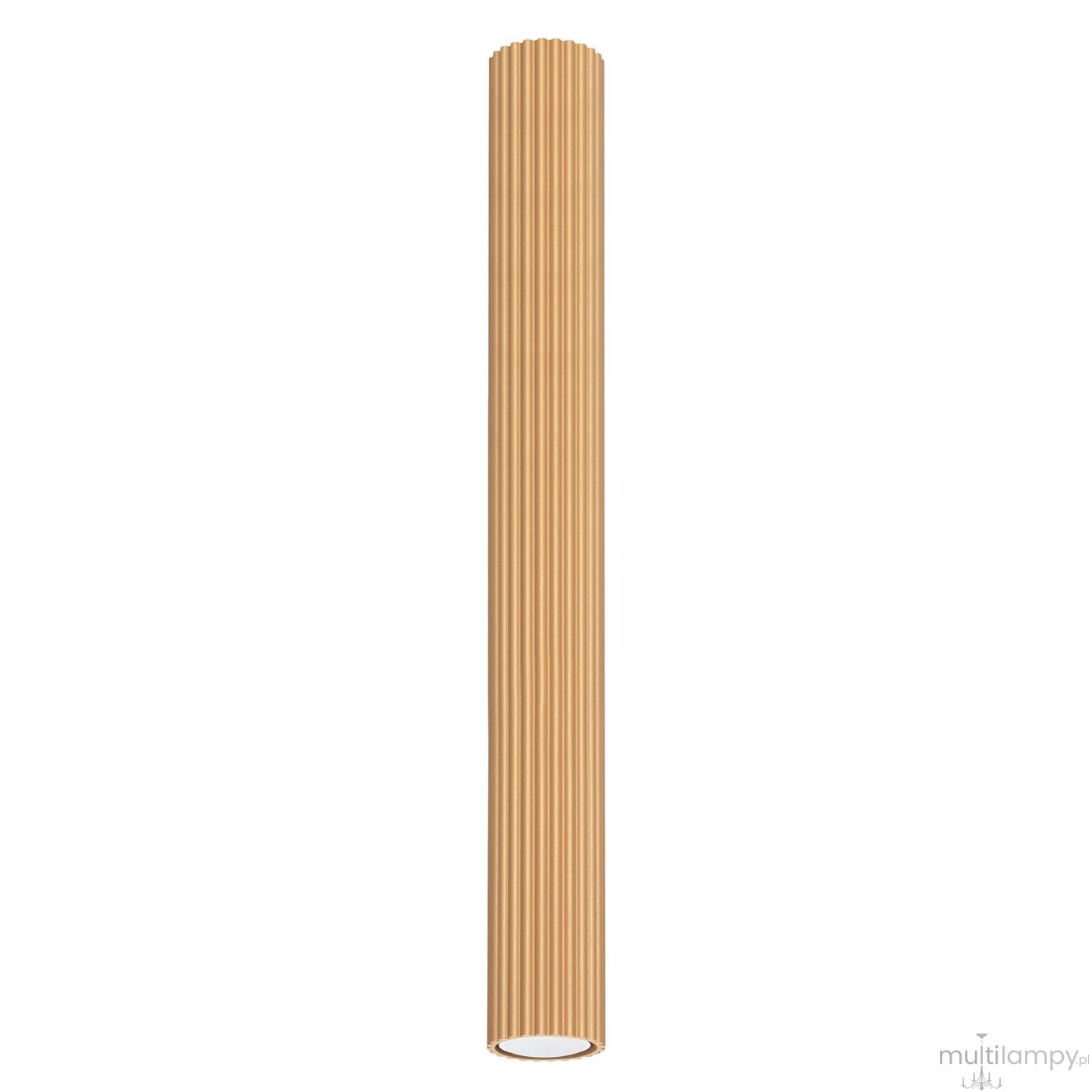Lampa sufitowa Karbon 60, w złotym kolorze, o cylindrycznym kształcie i teksturowanej powierzchni. Ujęcie frontalne, ukazujące całą długość lampy z widocznym gniazdem na żarówkę GU10. Tło białe, co podkreśla elegancki design.