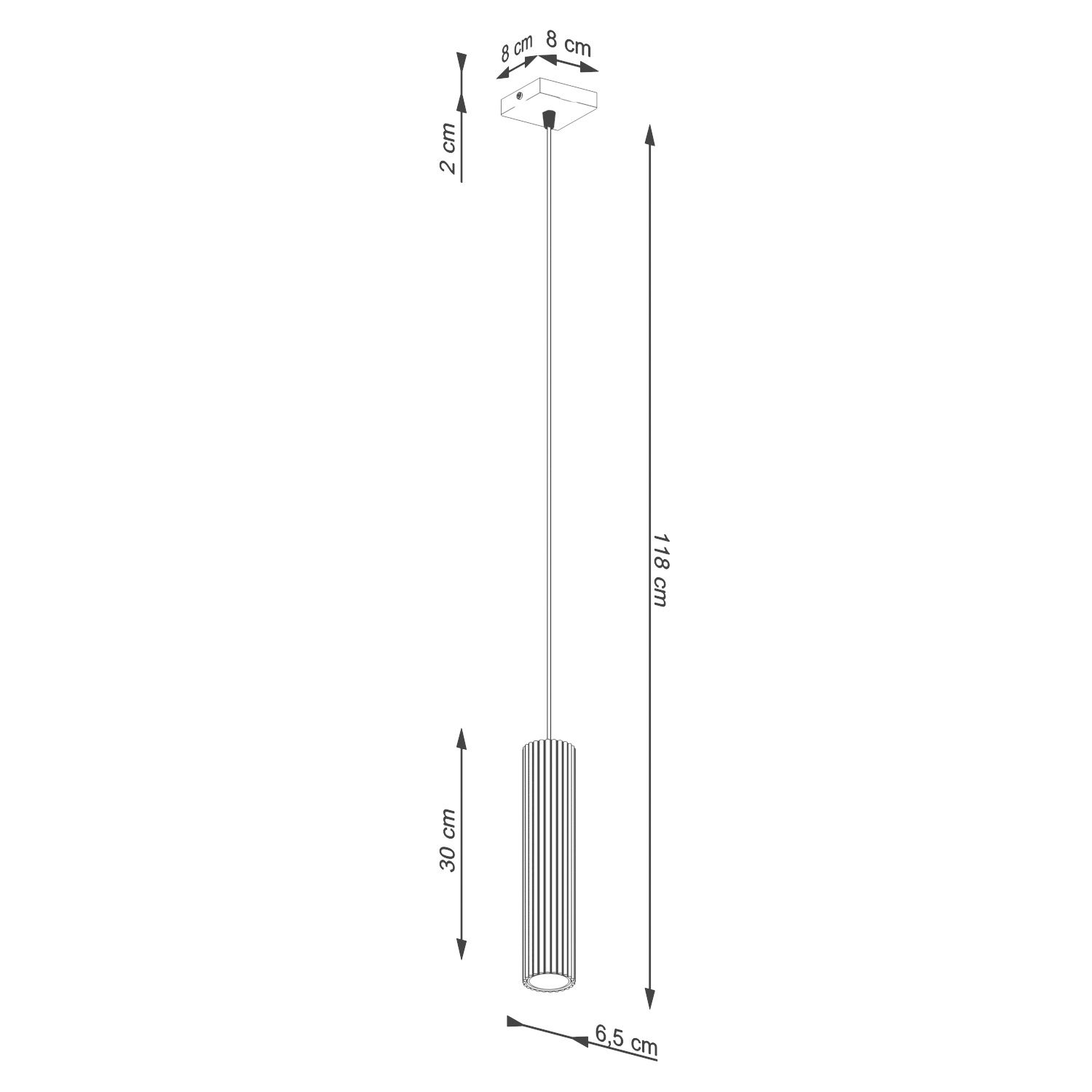 Lampa wisząca Karbon 1, wykonana w kolorze złotym. Posiada cylindryczny klosz o wysokości 30 cm i średnicy 6,5 cm, zawieszony na cienkim, regulowanym przewodzie do 118 cm. Podstawa kwadratowa o wymiarach 8x8 cm.