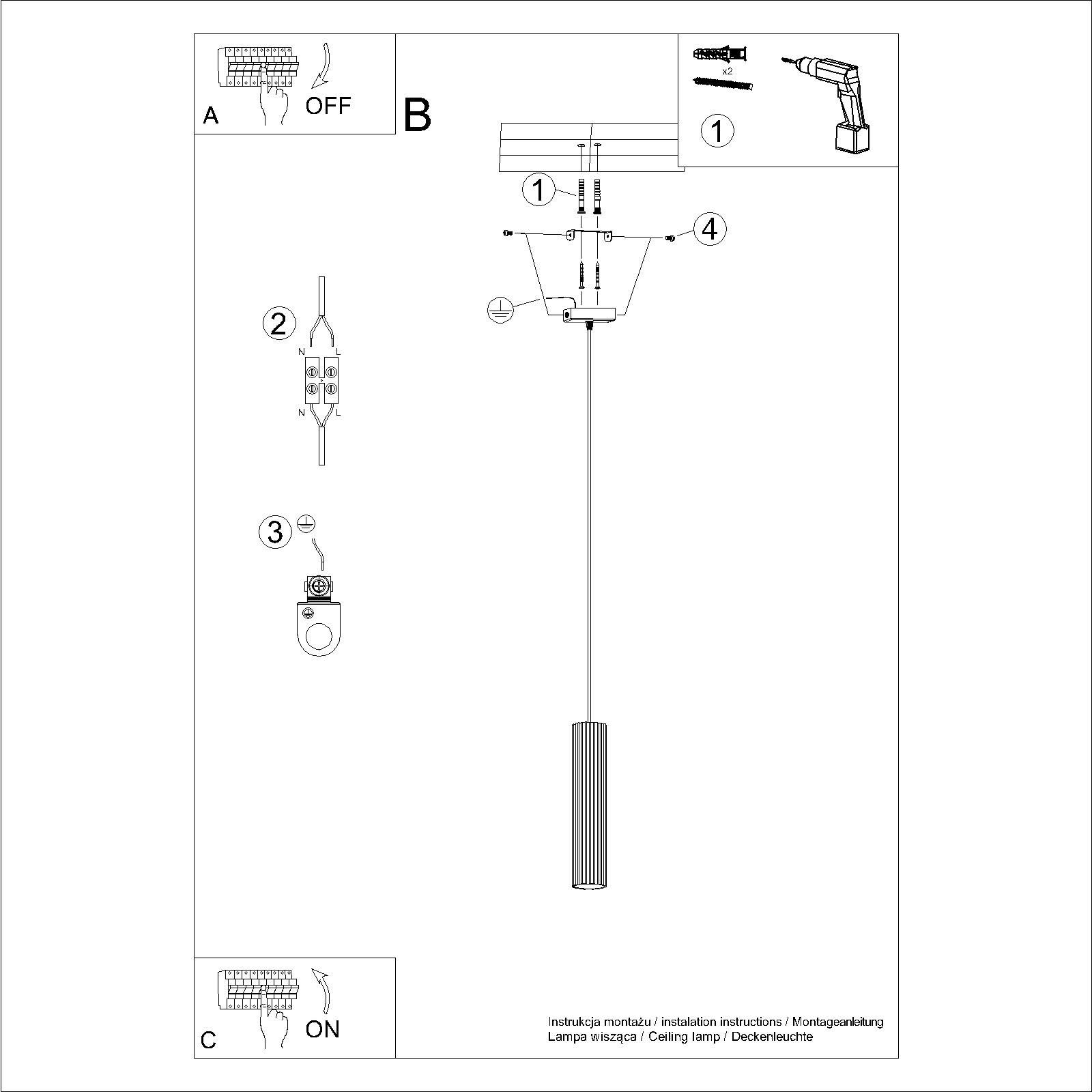 Lampa wisząca Karbon 1 lampa 1xGU10 w kolorze złotym, z cylindrycznym kloszem o teksturowanej powierzchni. Ujęcie frontalne, pokazujące kabel i elementy montażowe. W instrukcji widoczne ikony dołączone do montażu.