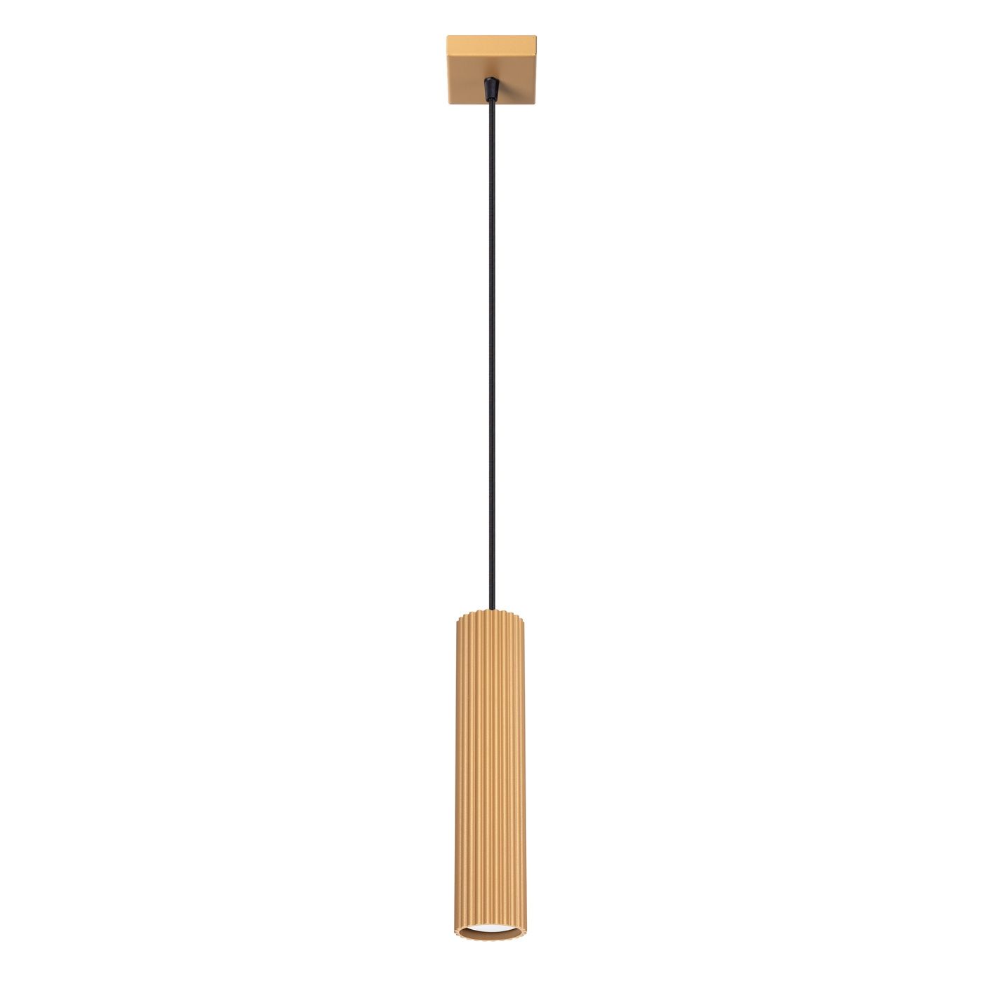 Lampa wisząca Karbon 1, z jedną oprawą GU10, w kolorze złotym. Posiada cylindryczny, żłobkowany korpus zawieszony na czarnym przewodzie. Montaż sufitowy z kwadratową podstawą. Idealna do nowoczesnych wnętrz.