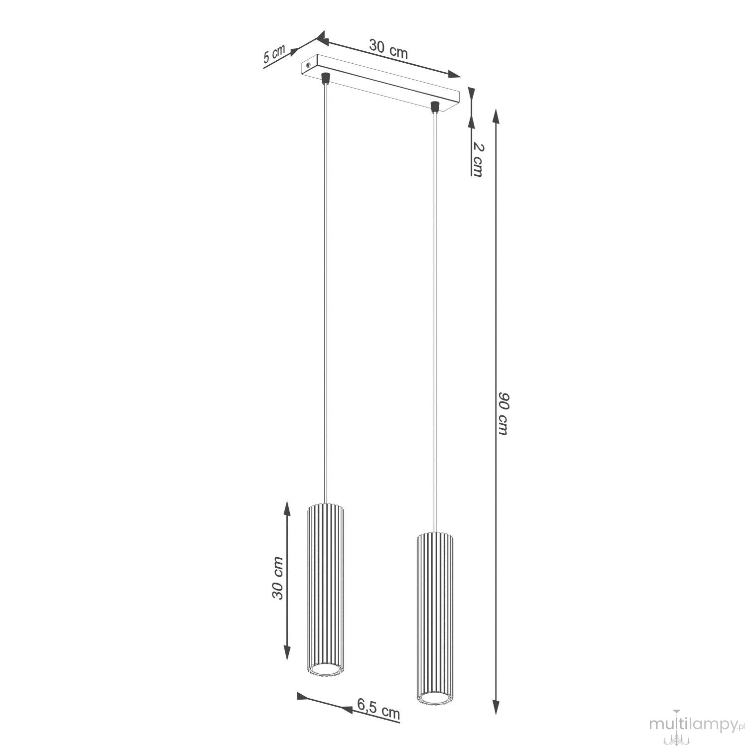 Lampa wisząca Karbon 2 z dwoma kloszami na żarówki GU10 w kolorze złotym. Klosze cylindryczne, teksturowane, zawieszone na cienkich linkach. Wymiary: długość 90 cm, szerokość 30 cm, klosze o wysokości 30 cm i średnicy 6,5 cm. Montaż sufitowy.