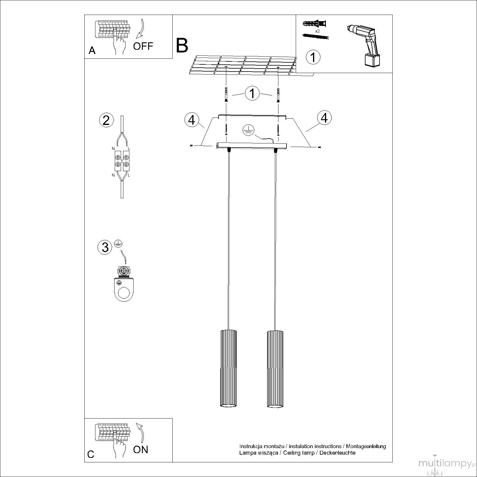 Lampa wisząca Karbon 2, złota, z dwoma oprawami GU10. Posiada dwa długie, cylindryczne klosze z teksturowanej powierzchni. Ujęcie frontalne, montaż na suficie. Prosta konstrukcja, idealna do nowoczesnych wnętrz.
