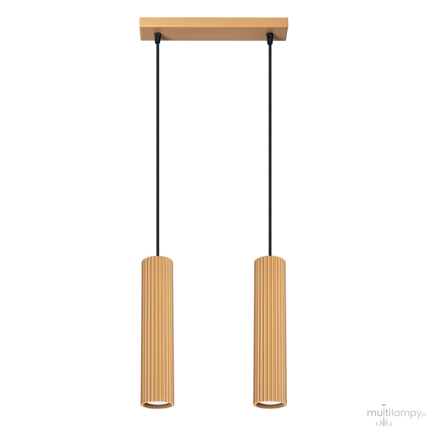Lampa wisząca Karbon z dwoma kloszami w kolorze złotym, zawieszona na czarnych linkach. Klosze mają pionowe żłobienia, a całość mocowana do sufitowej podstawy w tym samym kolorze. Idealna do nowoczesnych wnętrz.