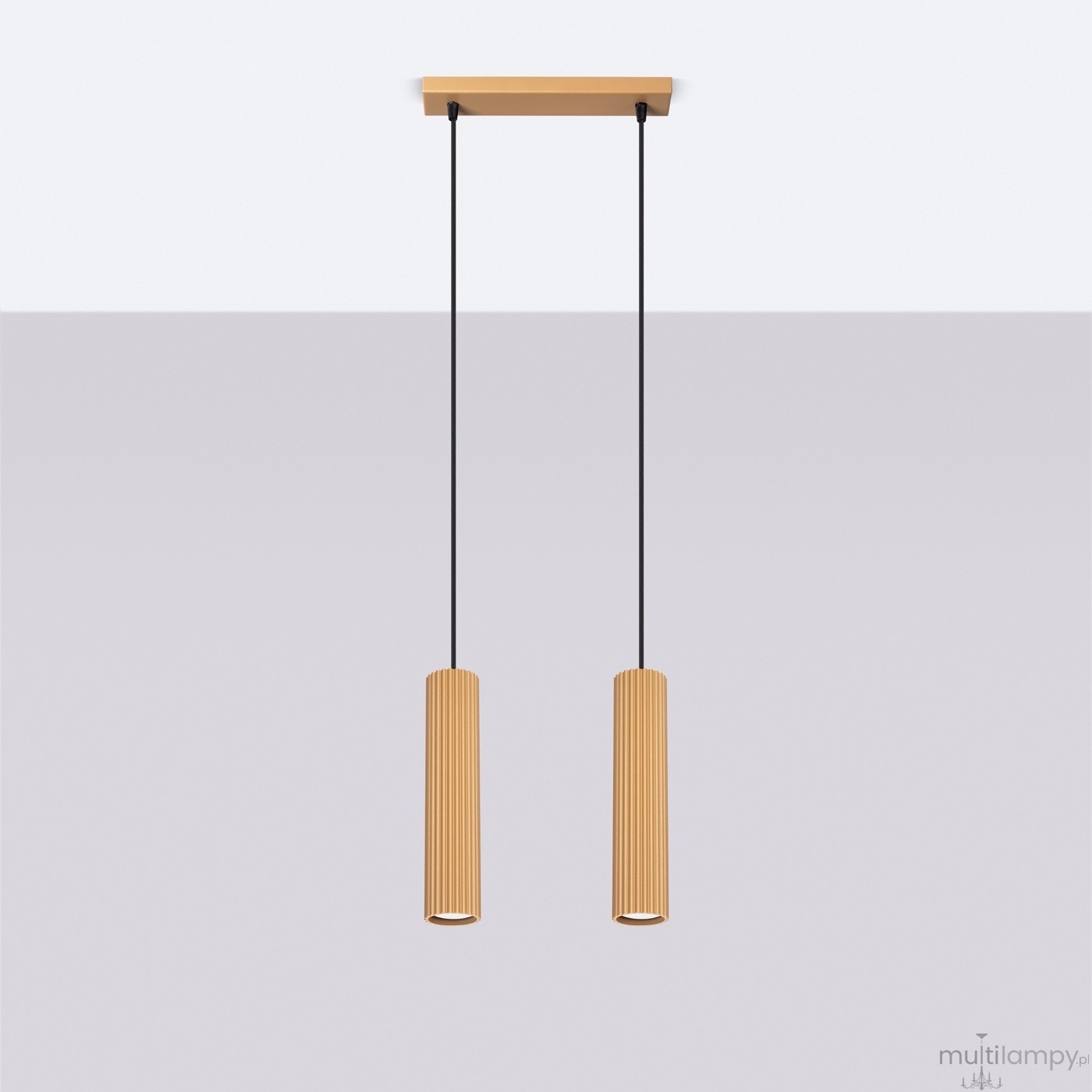 Lampa wisząca Karbon 2, z dwiema oprawami na żarówki GU10, w złotym kolorze. Cylindryczne klosze z pionowymi żłobieniami, zawieszone na czarnych linkach, przymocowane do prostokątnej, złotej podsufitki.