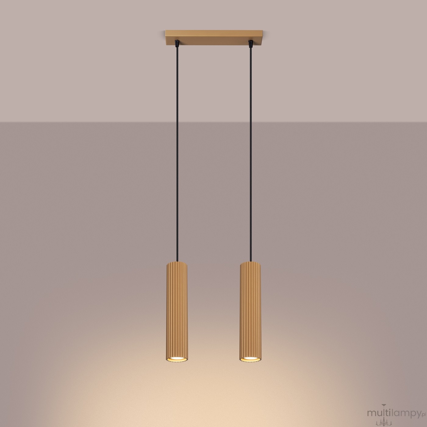 Lampa wisząca Karbon 2 z dwoma cylindrycznymi kloszami w złotym kolorze, zawieszona na czarnych przewodach. Klosze mają teksturowaną powierzchnię z poziomymi żłobieniami. Całość zamocowana do prostokątnej złotej podstawy na suficie.