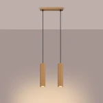 Lampa wisząca Karbon 2 z dwoma cylindrycznymi kloszami w złotym kolorze, zawieszona na czarnych przewodach. Klosze mają teksturowaną powierzchnię z poziomymi żłobieniami. Całość zamocowana do prostokątnej złotej podstawy na suficie.