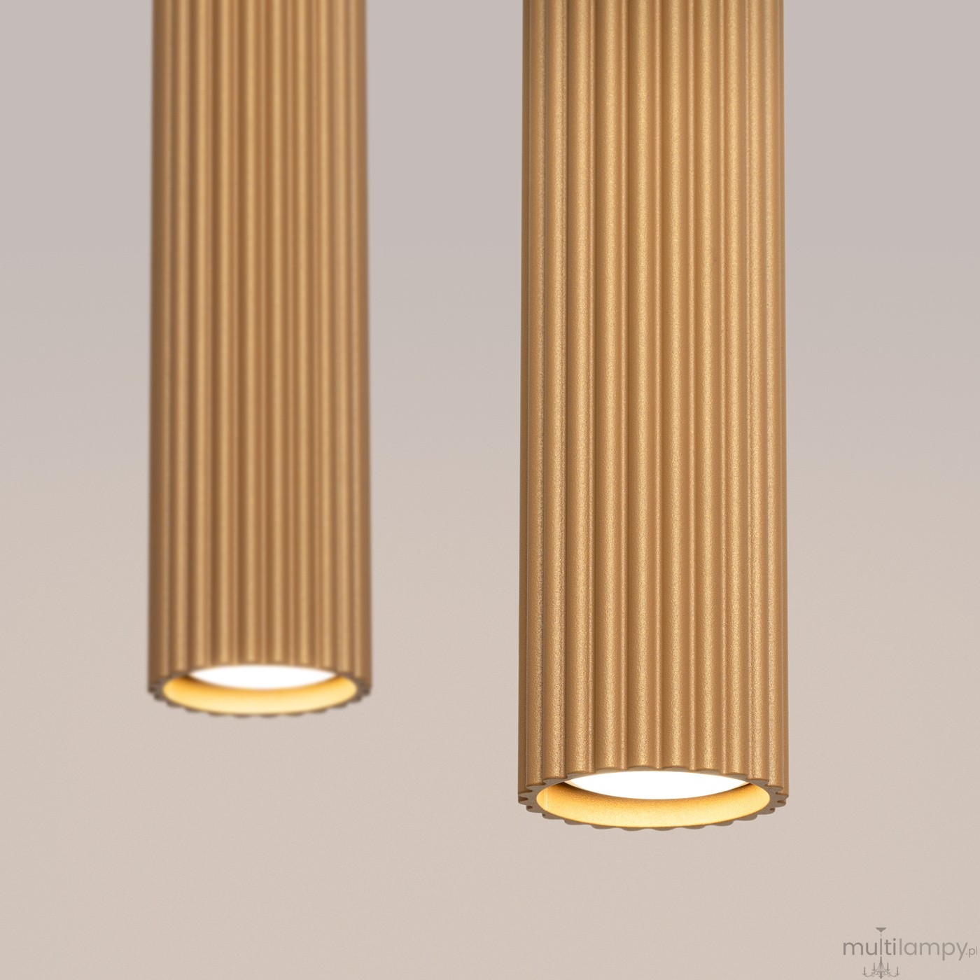 Lampa wisząca Karbon 2 o złotej, teksturowanej obudowie z żłobieniami, zawieszona na linkach. Posiada dwa źródła światła GU10, widoczne okrągłe klosze na dole. Tło w neutralnym odcieniu.