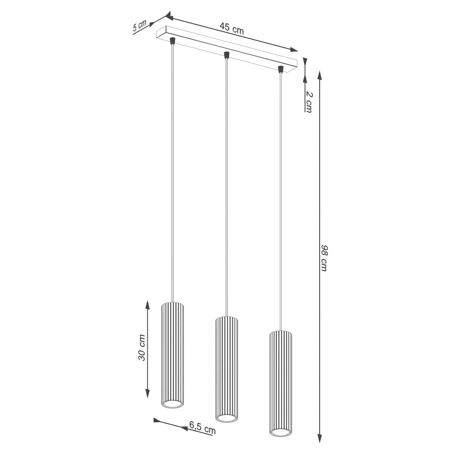 Lampa wisząca Karbon 3 z trzema kloszami o wysokości 30 cm i średnicy 6,5 cm, w kolorze złotym, zawieszona na prostokątnej podstawie o wymiarach 45 x 5 cm, długość całkowita 98 cm. Klosze mają teksturowaną powierzchnię.