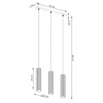Lampa wisząca Karbon 3 z trzema kloszami o wysokości 30 cm i średnicy 6,5 cm, w kolorze złotym, zawieszona na prostokątnej podstawie o wymiarach 45 x 5 cm, długość całkowita 98 cm. Klosze mają teksturowaną powierzchnię.