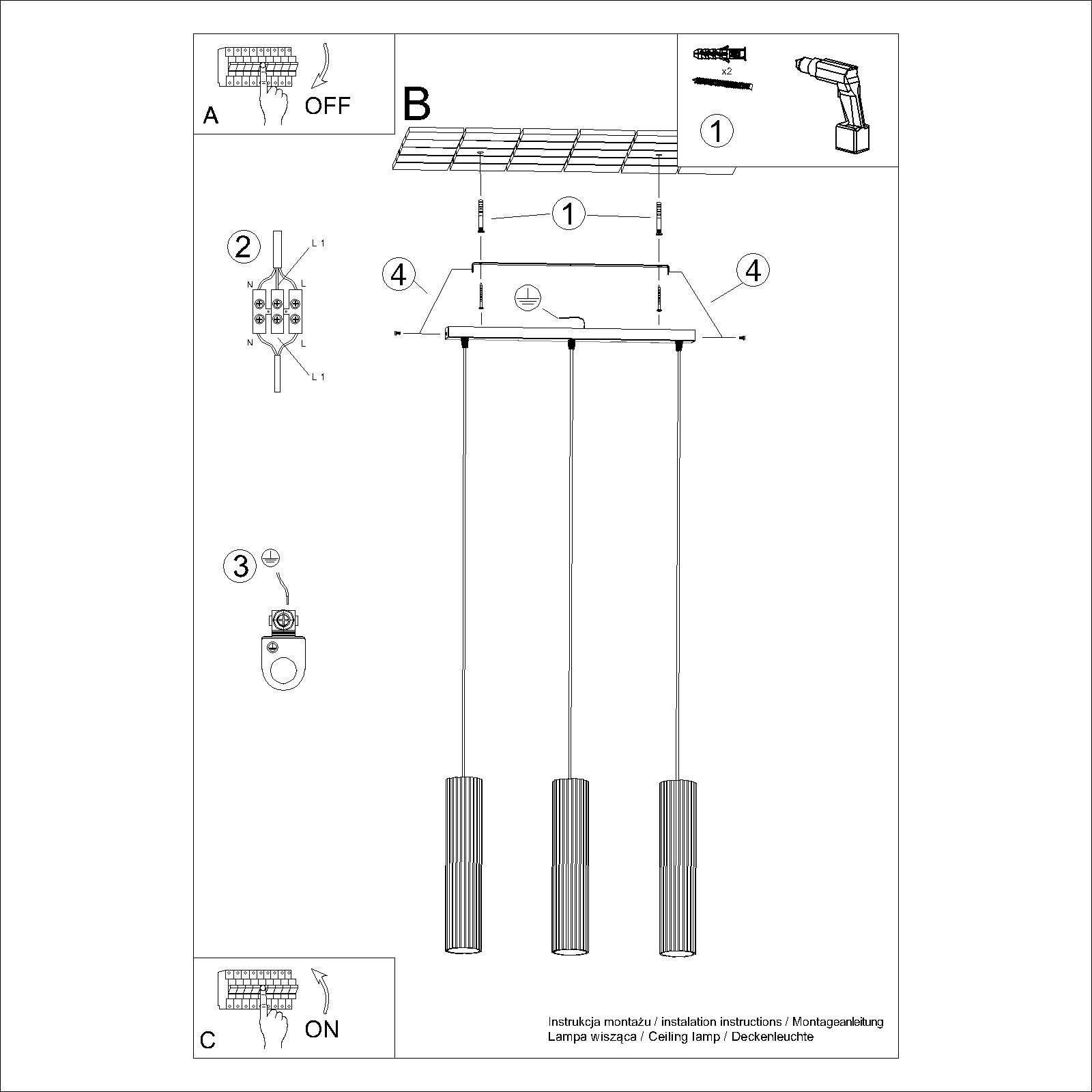 Lampa wisząca Karbon 3 z trzema kloszami GU10 w kolorze złotym. Klosze mają cylindryczny kształt z teksturowaną powierzchnią. Produkt zawieszony na cienkich linkach, montowany sufitowo, idealny do nowoczesnych wnętrz.