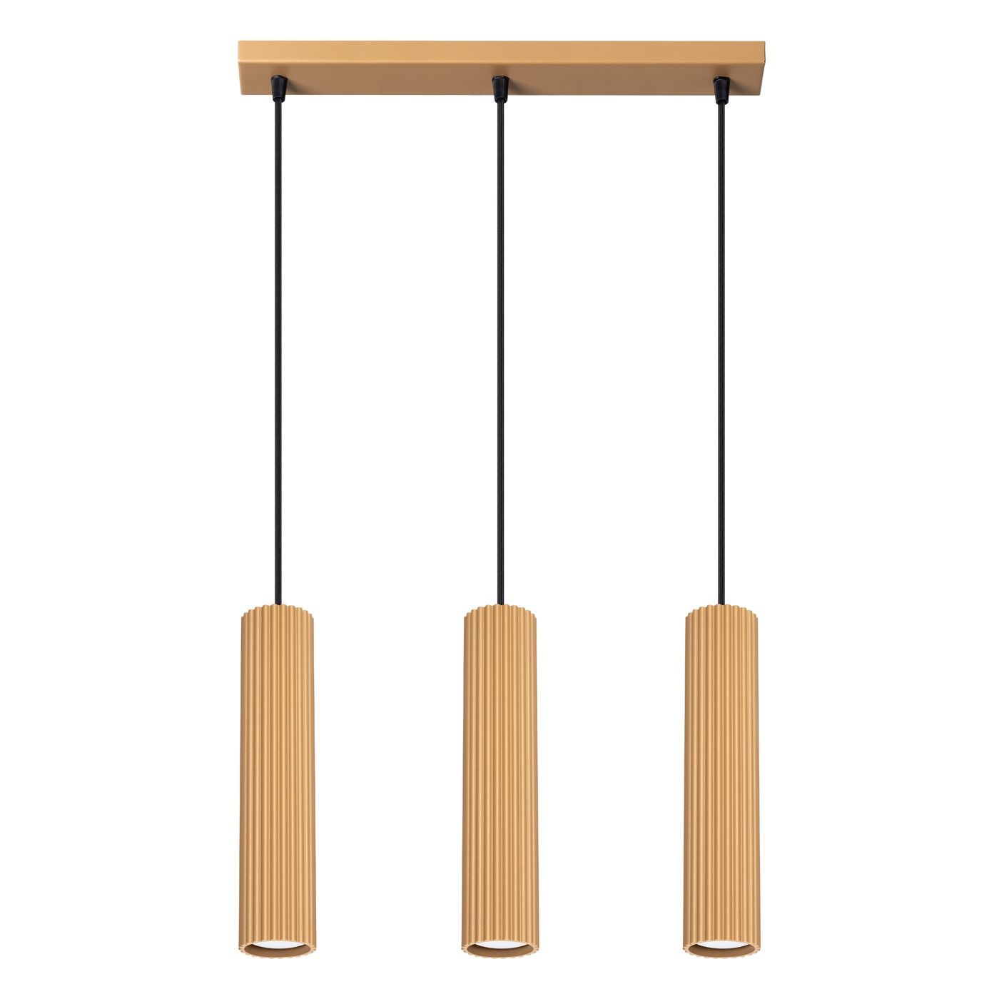 Lampa wisząca Karbon 3 z trzema oprawami na żarówki GU10, w kolorze złotym. Okrągłe, żłobione klosze zawieszone na czarnych linkach, montowane na prostokątnej, złotej podstawie. Idealna do nowoczesnych wnętrz.