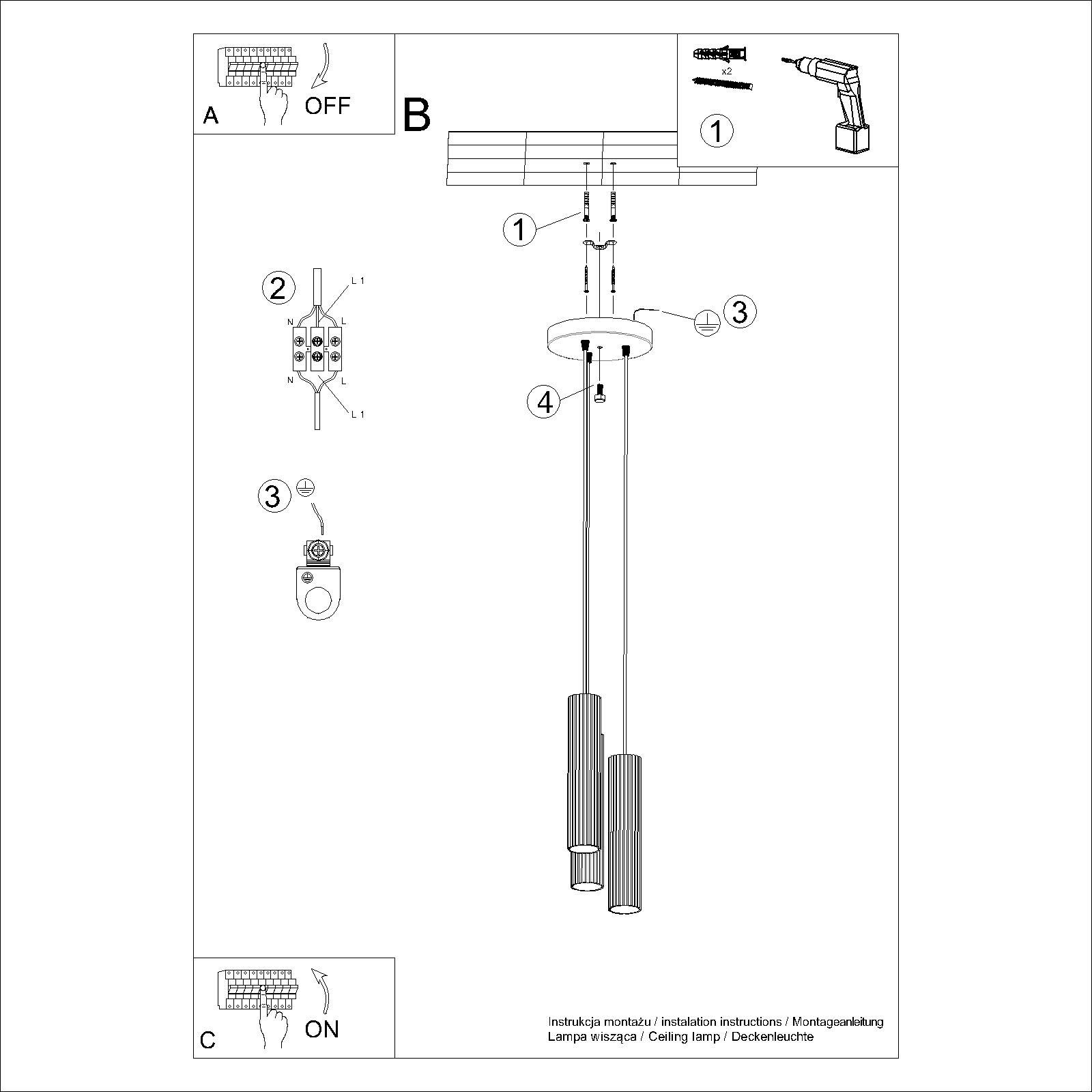 Lampa wisząca Karbon 3P w kolorze złotym, z trzema miejscami na żarówki GU10. Ułożona w pionie, z eleganckimi, cylindrycznymi osłonami. W zestawie instrukcja montażu. Idealna do nowoczesnych wnętrz.